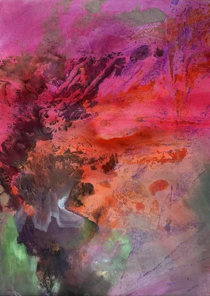 Couleurs chaudes, gestes estompés, textures fluides, impression d’horizon chaud (warm colors, softened brushstrokes, fluid textures, warm horizon)